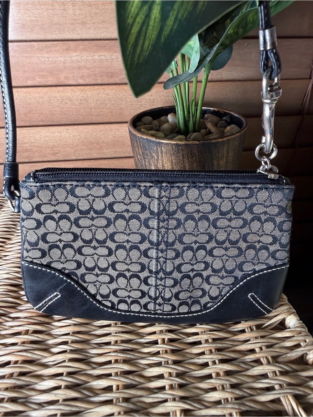 Coach Signature Jacquard Wristlet in Black and Gray